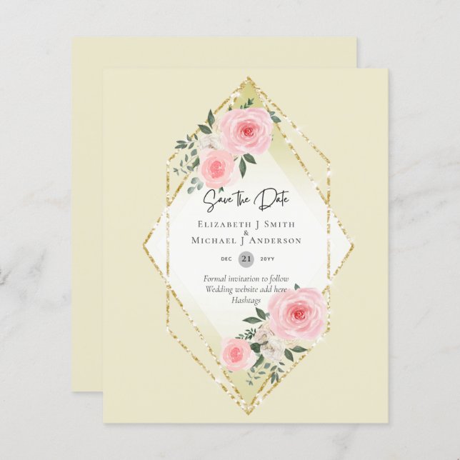 BUDGET Blush Pink Roses All-in-1 Wedding Save Date (Front/Back)