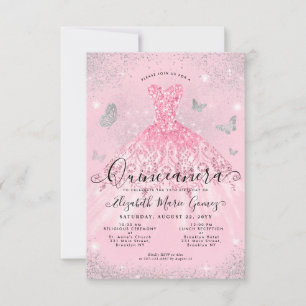 Budget Blush Pink Silver Glitter Gown Quinceanera Card