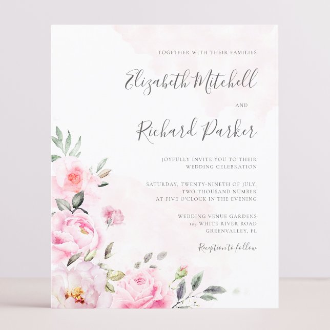 Budget Blush Pink Watercolor Floral Wedding Invite (Creator Uploaded)