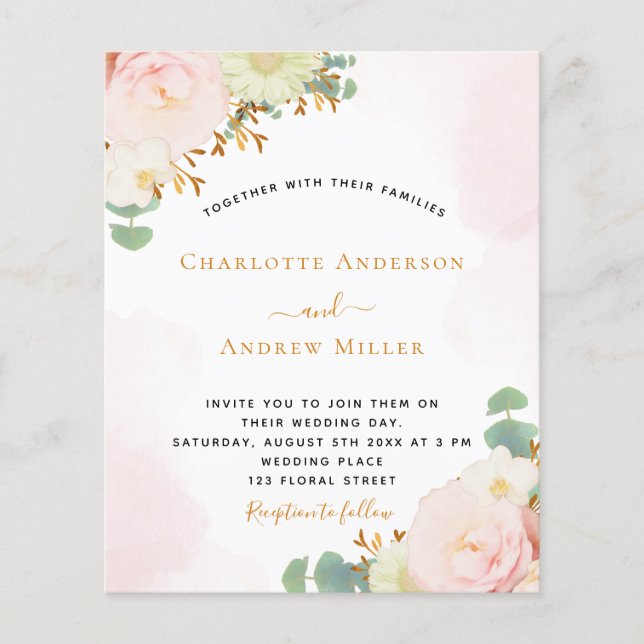 Budget blush pink watercolor florals wedding (Front)