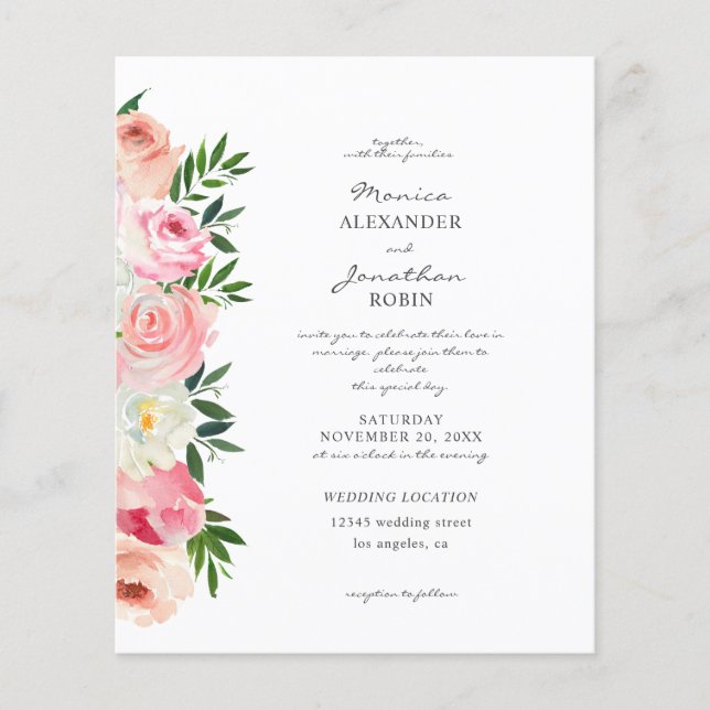 Budget Blush Pink & White Floral Wedding Flyer 2 (Front)