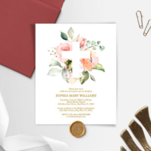 Budget Blush Rose & White Cross Baptism Invitation