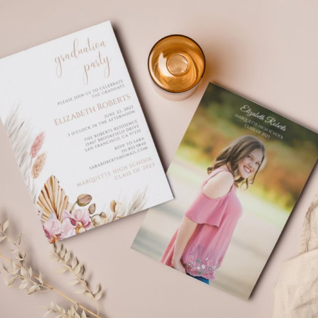 Budget Bohemian Floral Pampas Grass Graduation Invitation (Creator Uploaded)