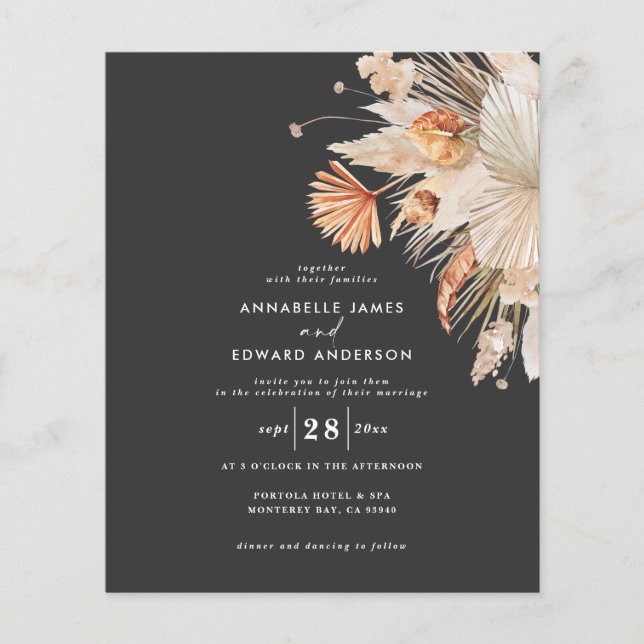 budget bohemian pampas grass wedding invitation flyer (Front)
