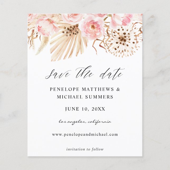 Budget Bohemian Pink Floral Save the Date Flyer (Front)