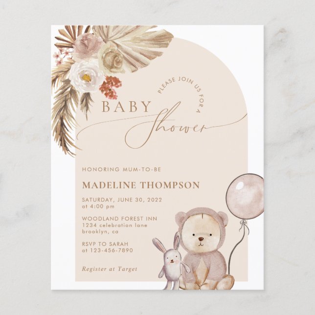 Budget Bohemian Script Bear Pampas Baby Shower (Front)