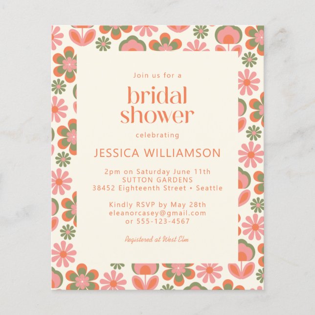 Budget Boho 70s Flowers Pink Green Bridal Shower (Front)