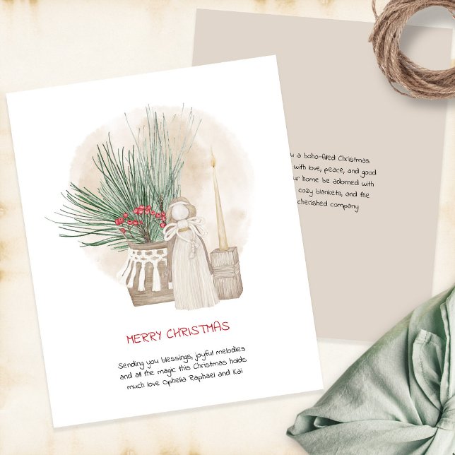 Budget Boho Angel Greenery Holiday Card (Front and back view)