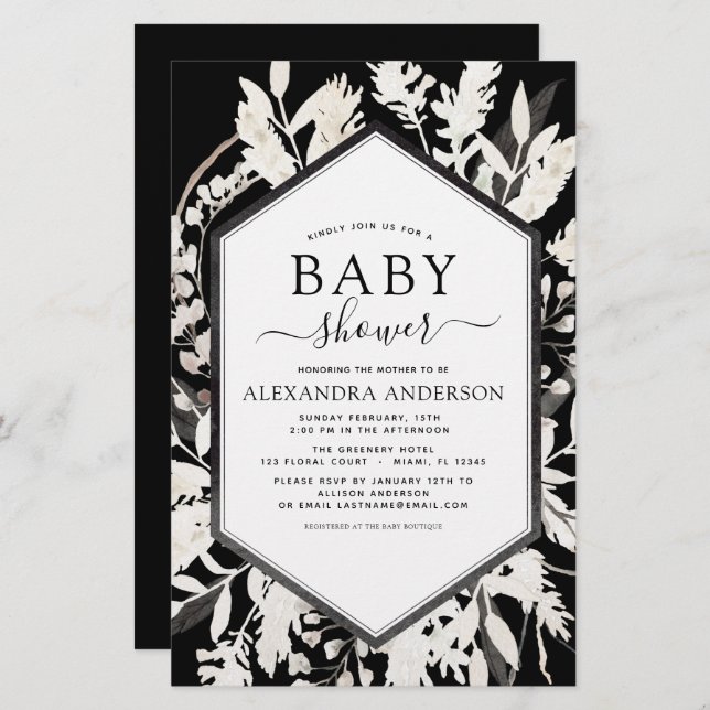 Budget Boho Beige Black Botanical Baby Shower (Front/Back)