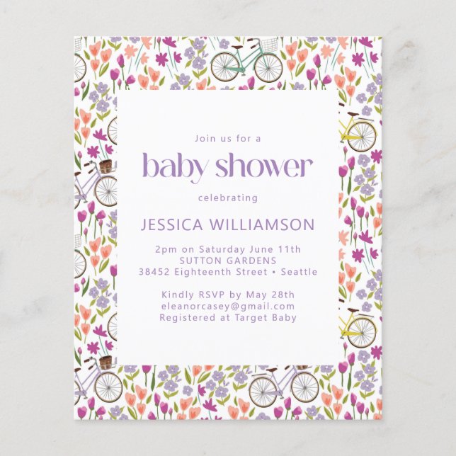 Budget Boho Bicycle Floral Baby Shower Invite (Front)