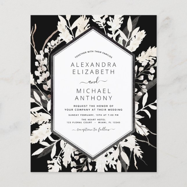 Budget Boho Black Botanical Wedding Invitation Flyer (Front)