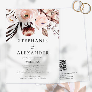 Budget Boho Blush Florals QR Code Wedding invite