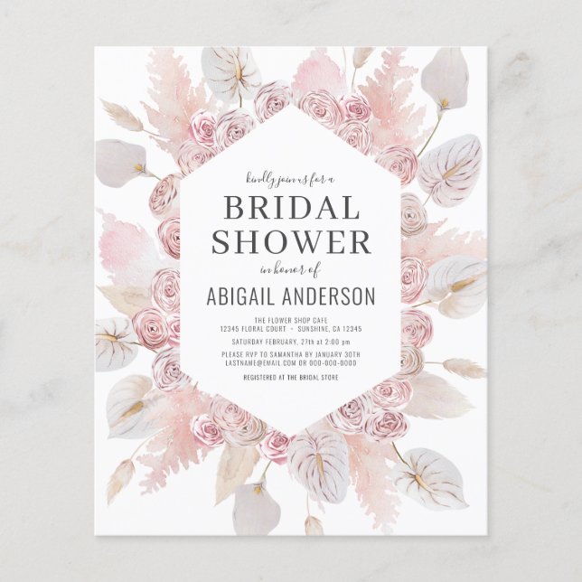 Budget Boho Blush Pink Bridal Shower Invitation Flyer (Front)