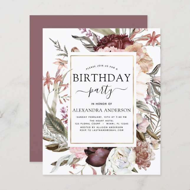Budget Boho Burgundy Any Age Birthday Invitation (Front/Back)