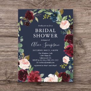 Budget Boho Burgundy Navy Blue Bridal Shower Invitation Postcard