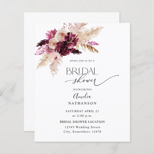 Budget Boho Burgundy & Pink Floral Bridal Shower (Front/Back)