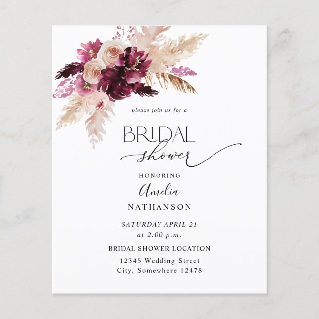 Budget Boho Burgundy & Pink Floral Bridal Shower Flyer (Front)