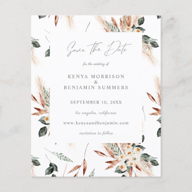 Budget Boho Copper & Beige Floral Save the Date Flyer (Front)