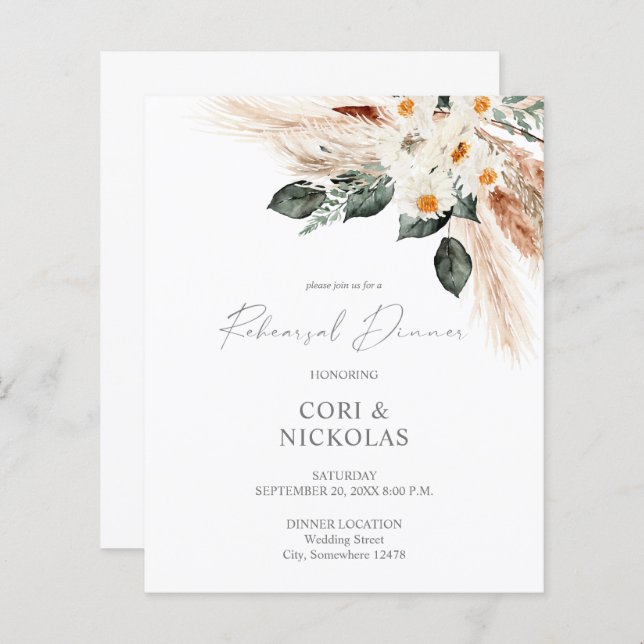 Budget Boho Copper Pampas Floral Rehearsal Dinner (Front/Back)