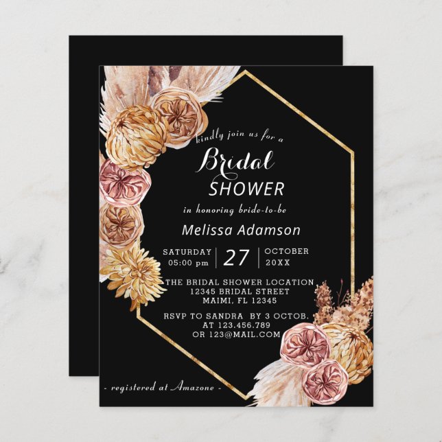 Budget Boho Desert Black Bridal Shower Invitation (Front/Back)
