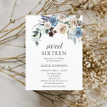 Budget Boho Dusty Blue Beige Flowers Sweet 16 Invitation Postcard<br><div class="desc">Boho dusty blue and beige neutral flowers with dried leaves.</div>