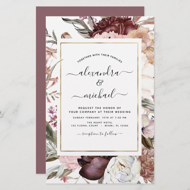 Budget Boho Dusty Pink Burgundy Wedding Invitation (Front/Back)