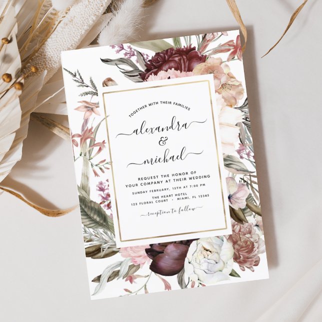 Budget Boho Dusty Pink Burgundy Wedding Invitation (Creator Uploaded)