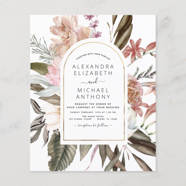 Budget Boho Dusty Pink Burgundy Wedding Invitation Flyer (Front)