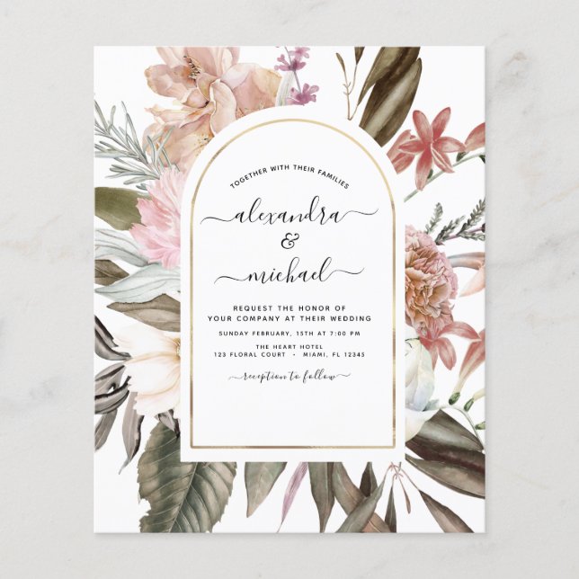 Budget Boho Dusty Pink Burgundy Wedding Invitation Flyer (Front)