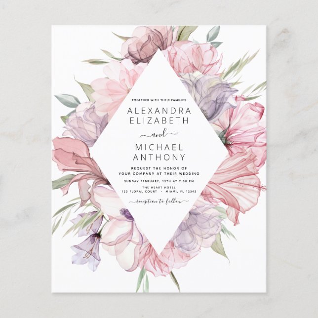 Budget Boho Dusty Pink Purple Wedding Invitation Flyer (Front)