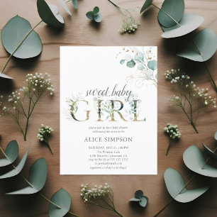 Budget Boho Eucalyptus Leaves Baby Girl Shower Invitation Postcard