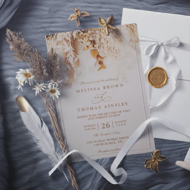 Budget Boho Fall Flowers Rustic QR Code Wedding Invitation (Creator Uploaded)