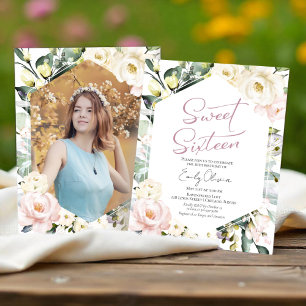 Budget Boho Floral Photo Sweet 16 Invitation