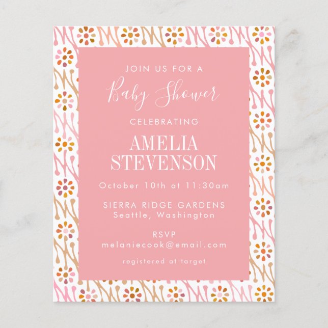 Budget Boho Floral Rose Pink Baby Shower Invite (Front)