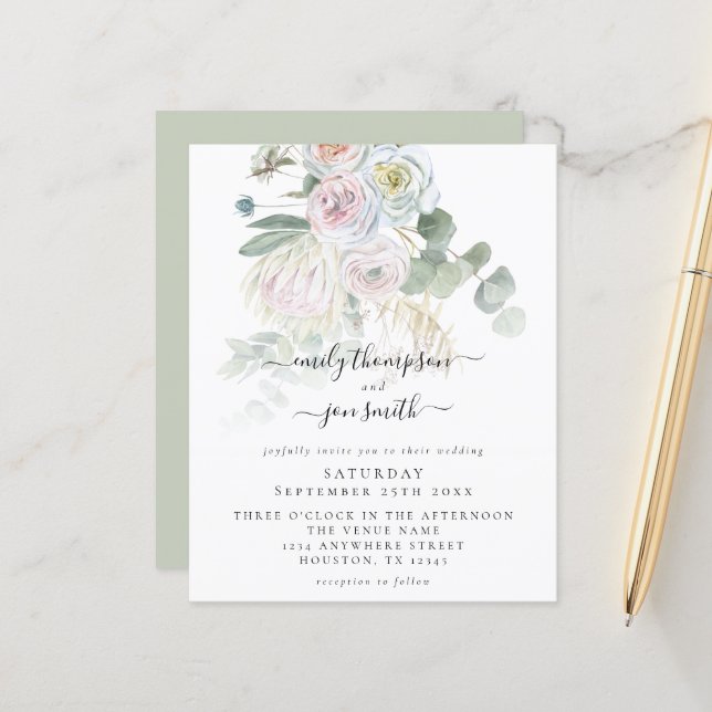 Budget Boho Florals Eucalyptus Wedding Invitation (Front/Back In Situ)