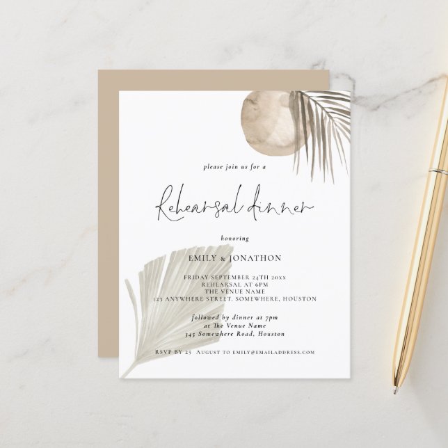 Budget Boho Grass Beige Rehearsal Dinner Invite (Front/Back In Situ)