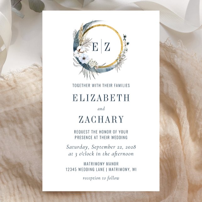 Budget Boho Moon Blue Monogram Wedding Invitation (Creator Uploaded)