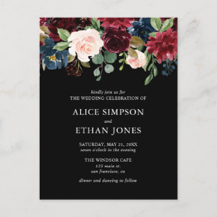Budget Boho Navy Blue Burgundy Floral Wedding Invitation Postcard