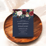 Budget Boho Navy Blue Burgundy Floral Wedding Invitation Postcard<br><div class="desc">Boho Navy Blue and Burgundy floral wedding invitation.</div>