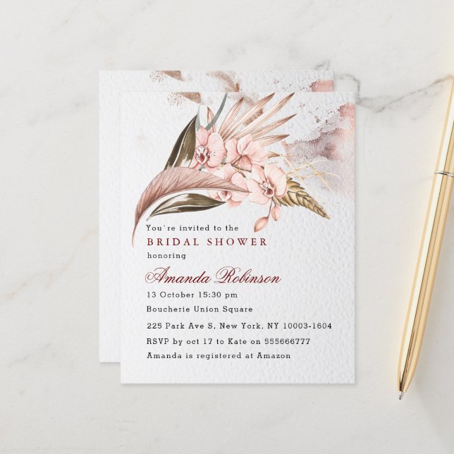 Budget Boho Orchid Pampas Bridal Shower Invitation (Front/Back In Situ)