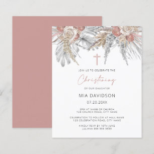 Budget Boho Palm Pink Pampas Christening Invite