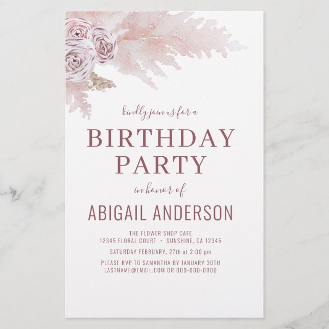 Budget Boho Pampas Grass Birthday Party Invitation Flyer (Front)
