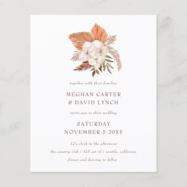 Budget Boho pampas Grass Desert Wedding Invitation (Front)