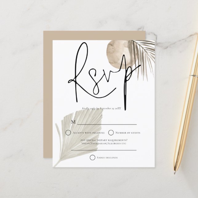 Budget Boho Pampas Grass fan Wedding RSVP (Front/Back In Situ)