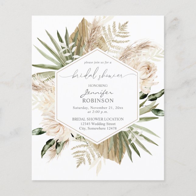 Budget Boho Pampas Grass & Floral Bridal Shower Flyer (Front)