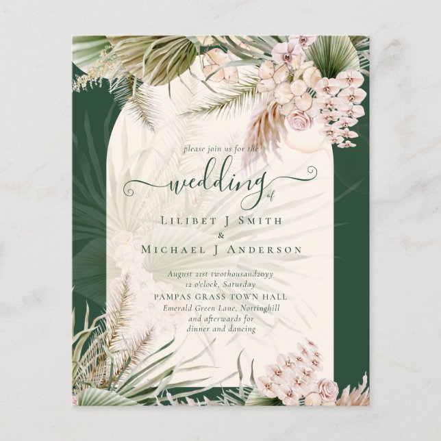 BUDGET BOHO Pampas Grass  Green Wedding Invitation Flyer (Front)