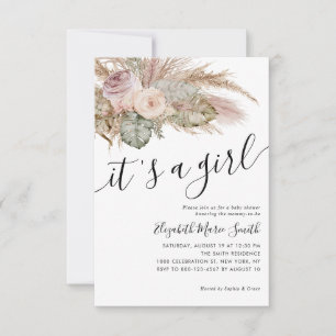 Budget Boho Pampas Grass It's A Girl Baby Shower Card