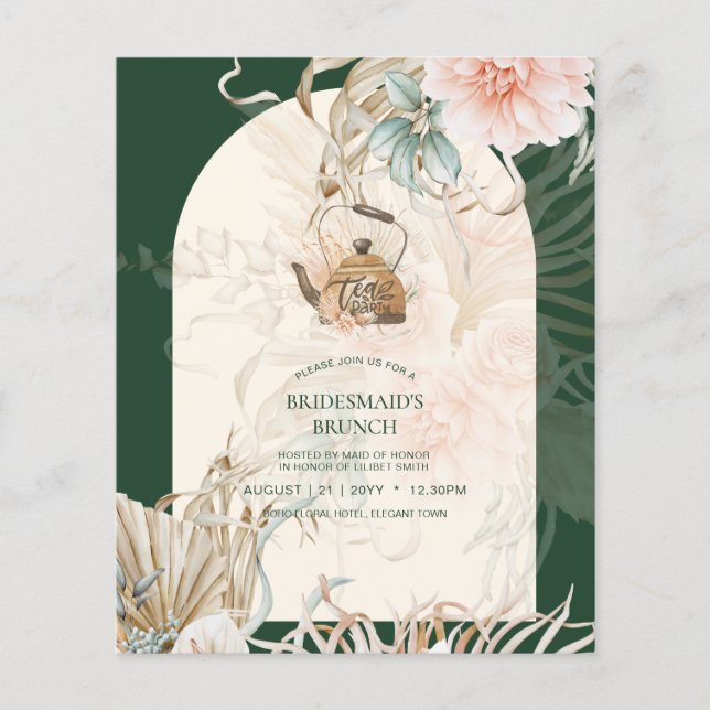 BUDGET Boho Pampas Grass TEA PARTY Bridal Lunch Flyer (Front)