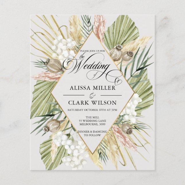BUDGET Boho Pampas Grass Wedding Invitation (Front)