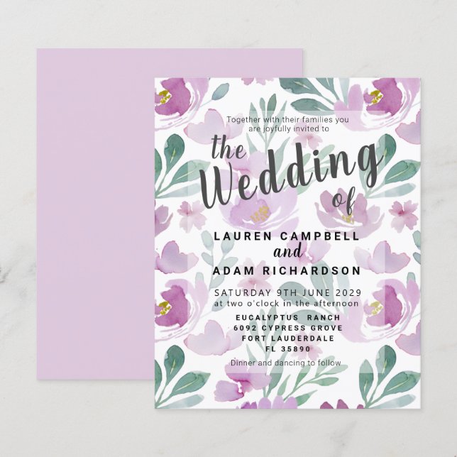 Budget Boho Purple Floral Wedding Invitation (Front/Back)